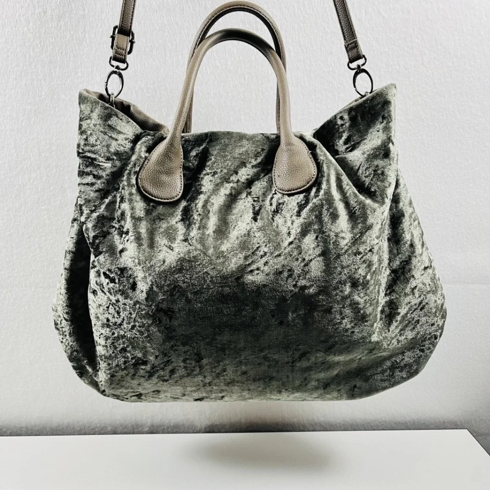 Deux Lux Misha Satchel Olive Green Velvet Large Tote Boho Detachable Strap